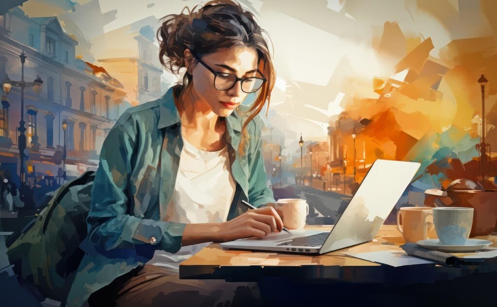 ai generated, woman, laptop, remote working, influencer, travel writer, marketing, communication, influencer, influencer, influencer, influencer, influencer